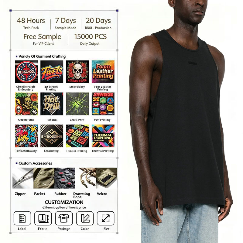 OEM ODM Custom Logo Vintage Men's Tank Top Black Oversized Sleeveless Cotton/Bamboo Fiber Casual O-Neck Discharge Printed