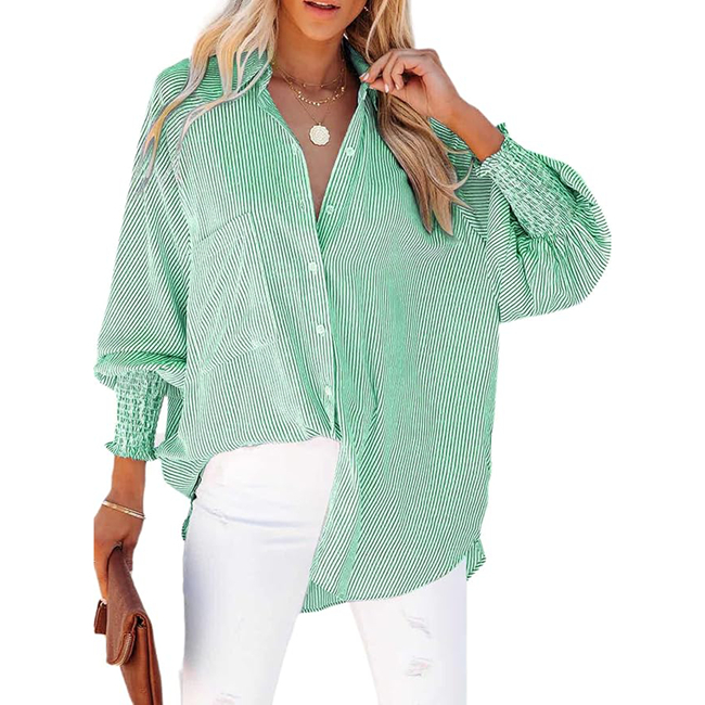 Channel S-5XL Womens Smocked Cuffed Striped Boyfriend Shirt Casual Long Sleeve Oversized Button Down Blouse Tops with Pocket