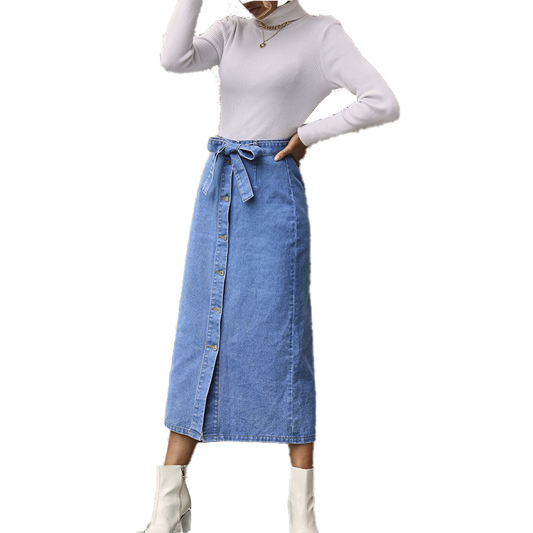 Womens Denim Skirts Self Belted Plus Size Long Button Denim Skirt High Waist Midi Maxi Skirt
