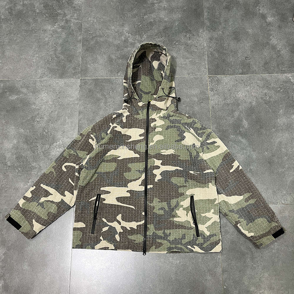 Custom Woven Checkered Plaid Grid Polyester Spandex Ripstop Waffle Camouflage Jacket and Cargo Pants Shorts Set Tracksuit Men