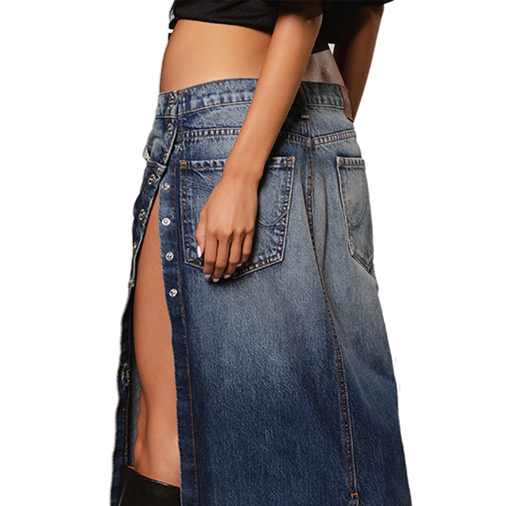 Casual Vintage Streetwear Style Midi Length Maxi Skirt Low-Rise Denim Dress Snap Button Detail Embroidery Back Pocket Logo Waist
