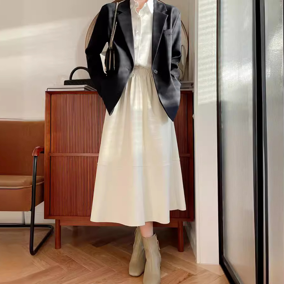 Women PU Flared Skirt High Waist Solid Midi Skirt Elegant Ladies Women Maxi Leather Skirt
