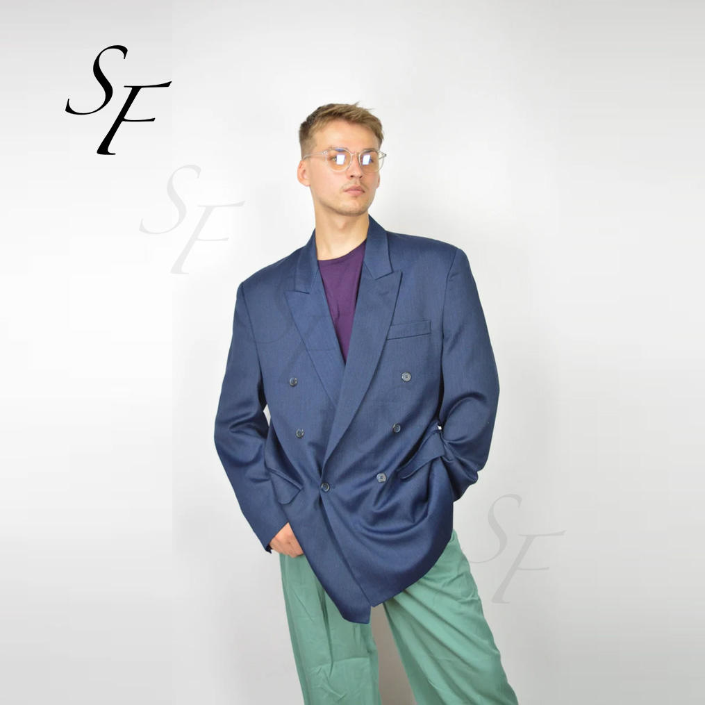 Custom Spring and Autumn Casual Loose Fit British Style Vintage Dark Blue Classic 80's Wool Polyester blazer Men's Suit Jacket