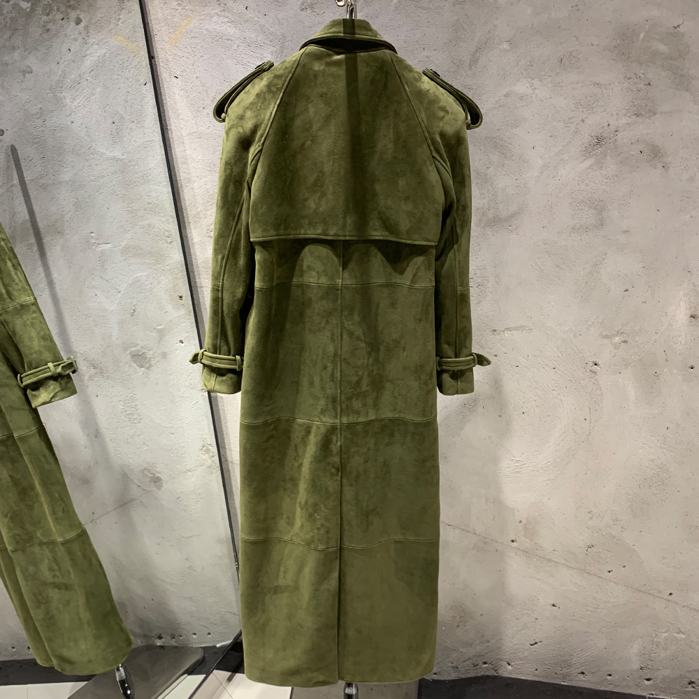 Women's Long Suede Trench Coat Fall 2025 Double Breasted Leather Look Jacket Leather Elegant Autumn Long Suede Coat for Women