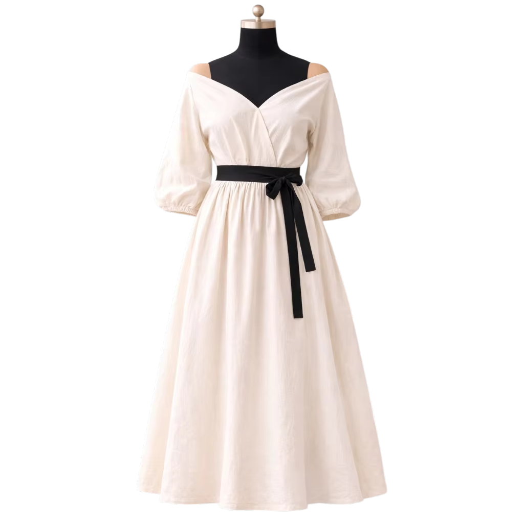 Elegant Off Shoulder White Cotton Linen Midi Dress Women Puff Flowy Sleeve Cocktail Party Dresses with Black Waist Strap