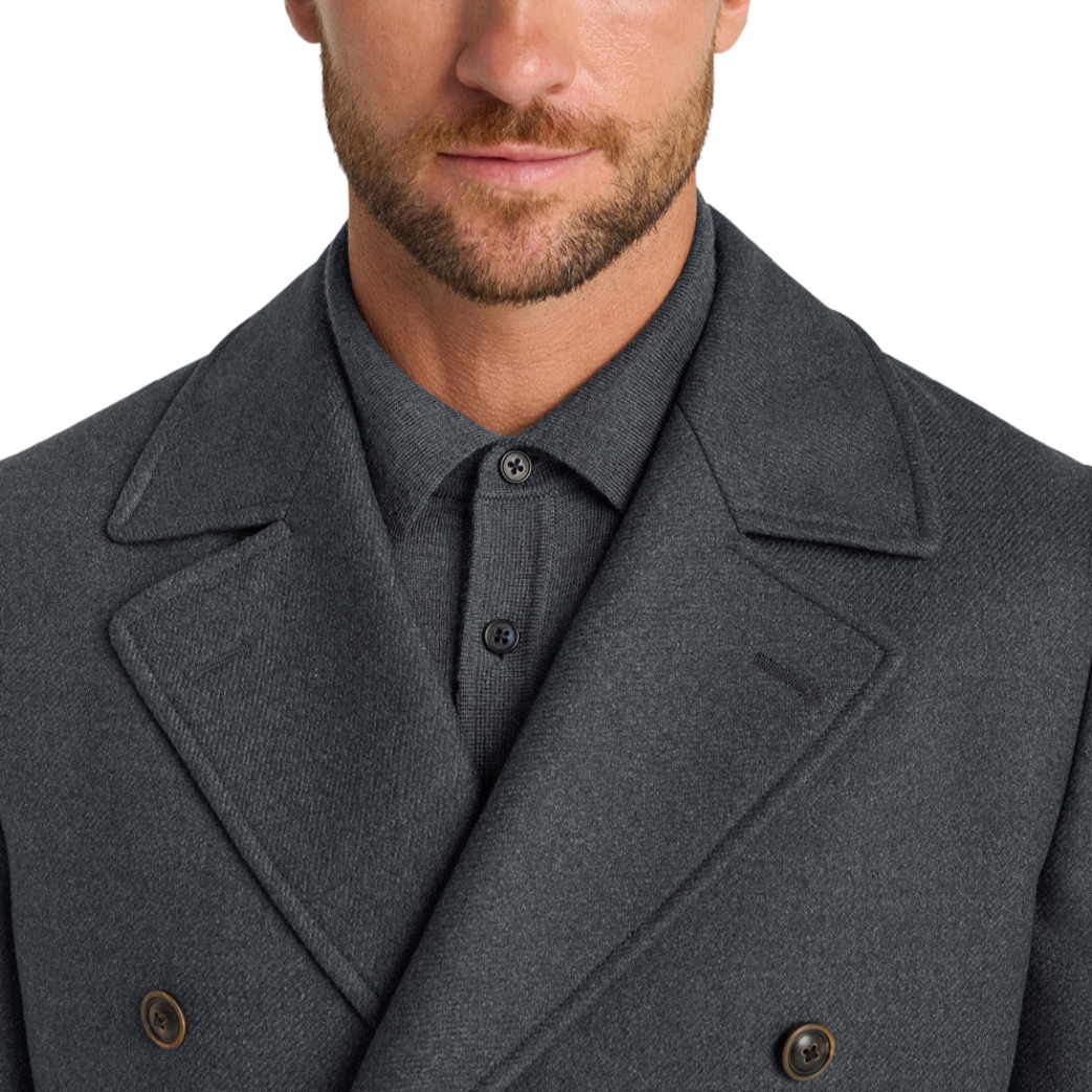 Elegant Men's Charcoal Grey Double-Breasted Woolen Overcoat Durable Winter Trench Coat Woolen Fabric Convenient Closure Type