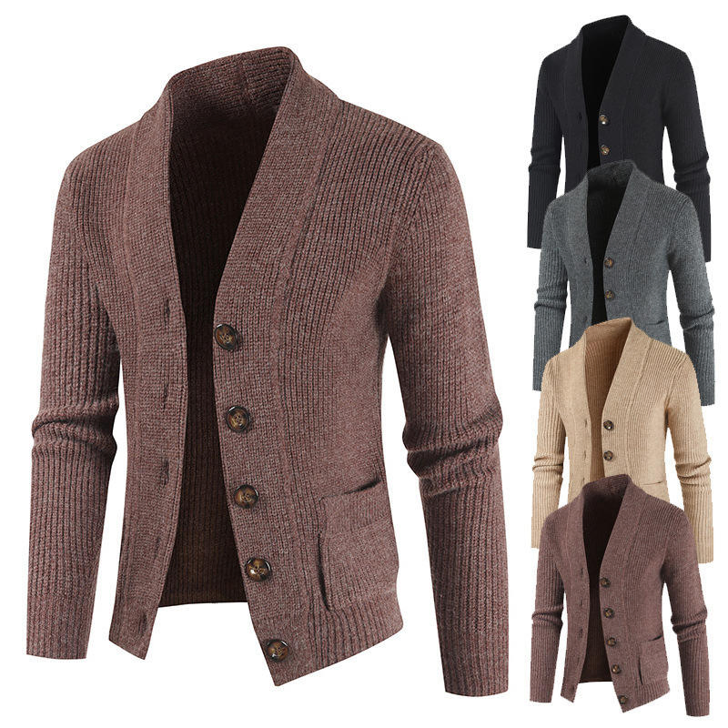 Casual Single Breasted Cardigan Sweater V-Neck Long Sleeve Knitted Mens Cardigans