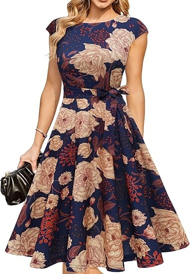 Women's Cocktail Dresses, Formal Wedding Guest Modest Church Vintage Tea Party Midi Evening Dress