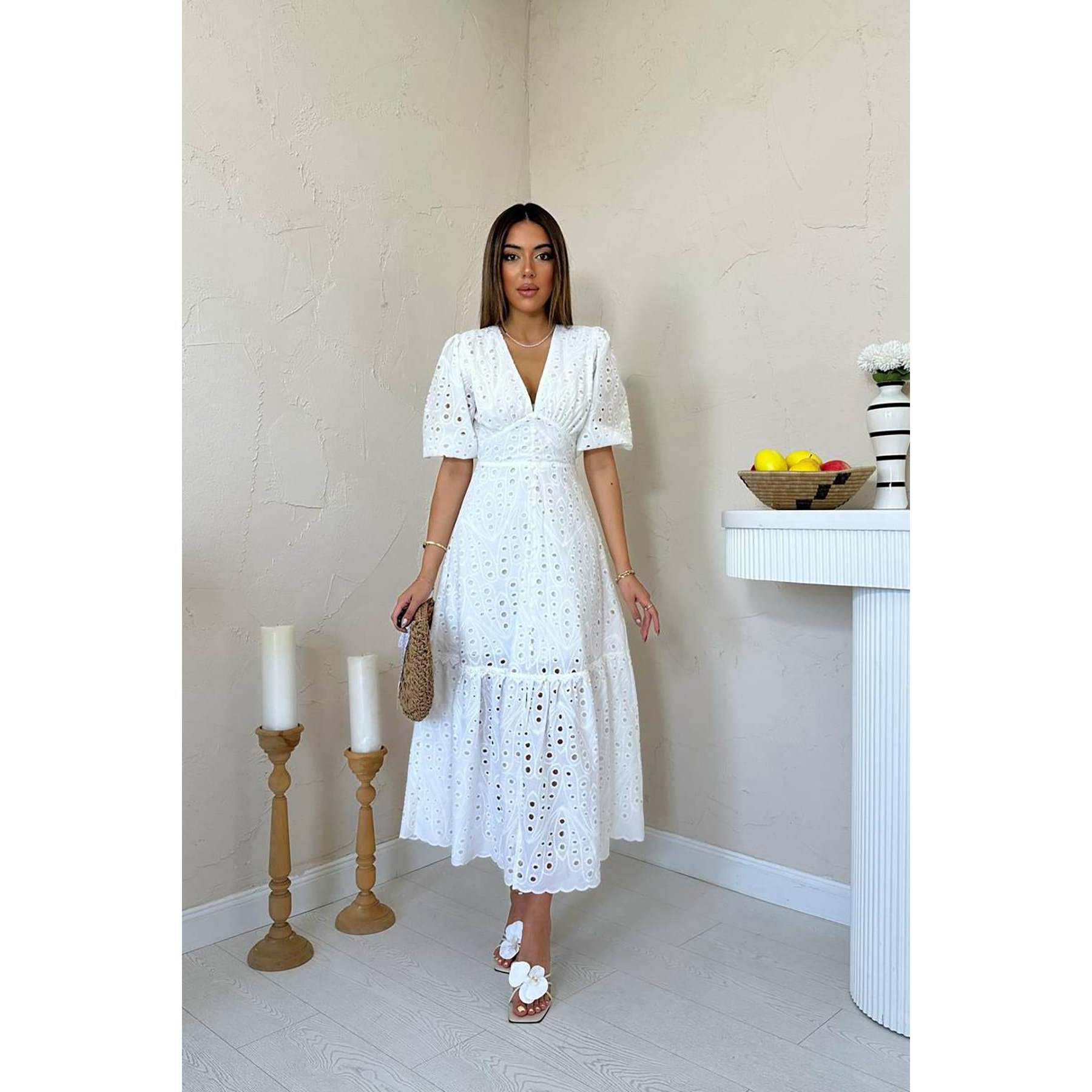 Wholesale Elisa Fashion Woman White Size L Cocktail Dress with Gathered Detail Lace Embroidery