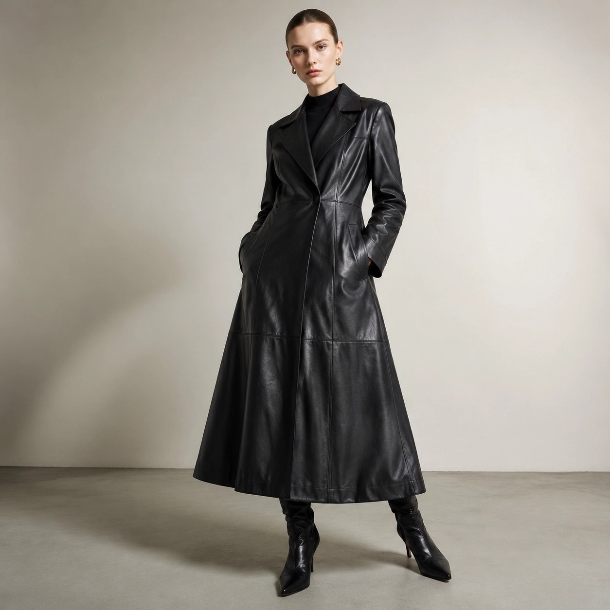Women's Black Genuine Sheepskin Leather Trench Coat, Long Double Breasted Belted Overcoat for Office