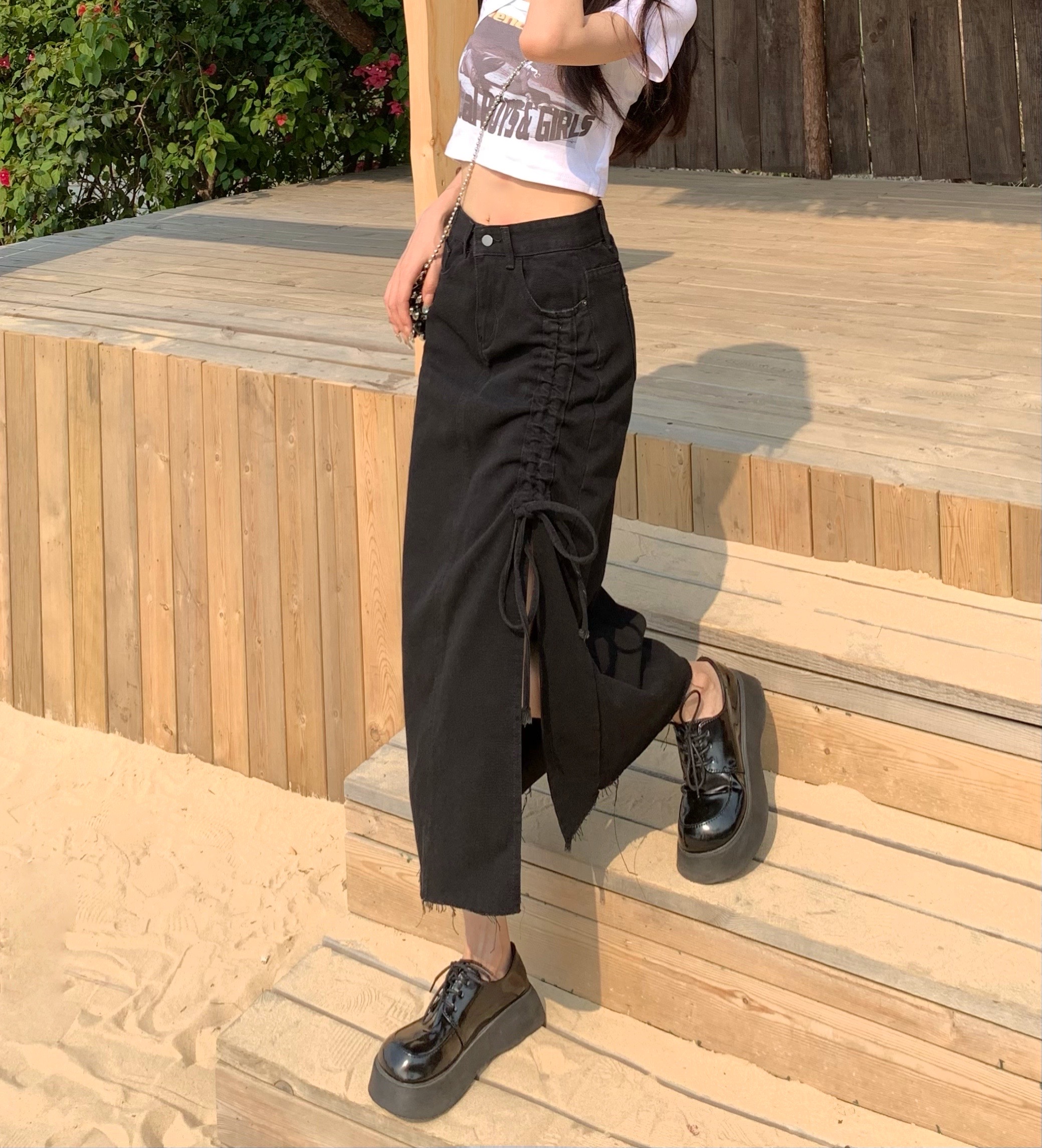 2022 Women Denim Skirt New Design Lace-up Slit Long Skirt High Waist Plus Size Midi Maxi Women Casual Skirt for Summer