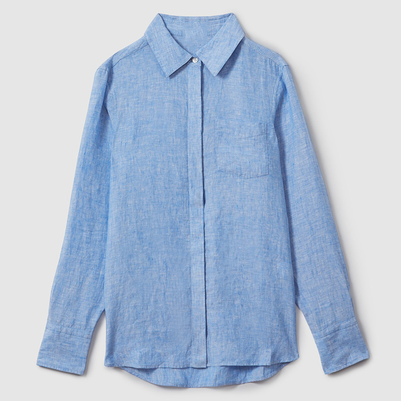 Custom Loose Casual Shirt Summer Blouse Women's Heather Blue Single Pocket Relaxed Fit 100% Linen Long Sleeve Button up Shirt