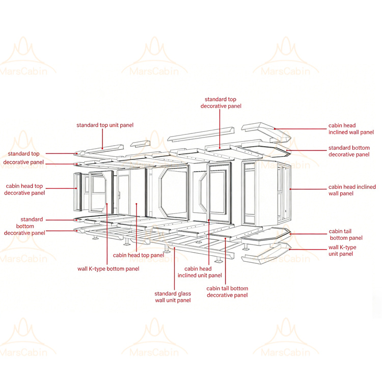 هيكل فولاذي مسبق الصنع وحدة قابلة للفك كبسولة 20sqm 40sqm منزل كبسولة فاخرة مسبقة الصنع لمشاريع منتجع الفنادق