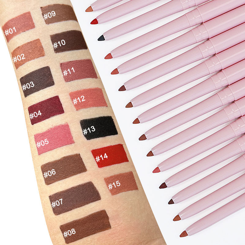 Private Label Custom Color Mineral Waterproof Twist-Up Retractable Lip Liner Pencil for Dark Skin-15 Colors Longlasting