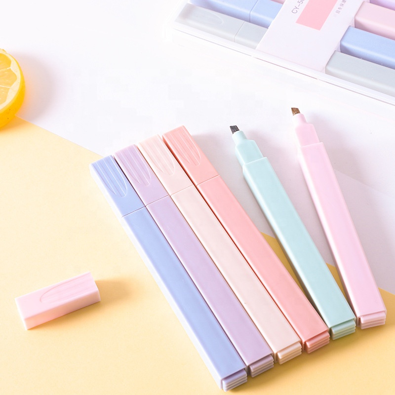 Custom Cheap Highlighter Rectangular Marker Low Moq Macaron 6 Colors Highlighter Pen Set