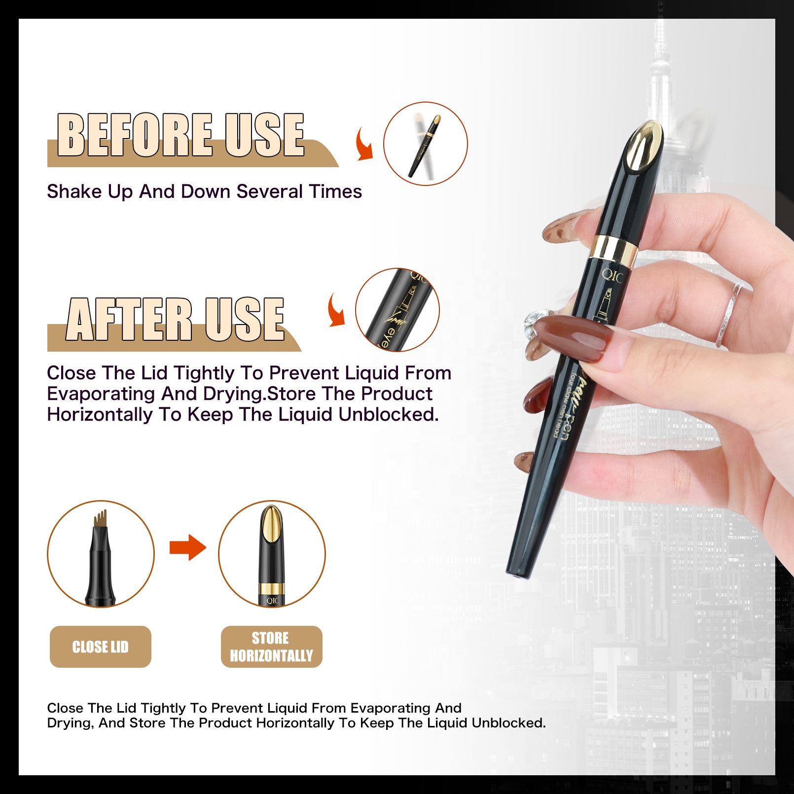 QIC Black Gold Liquid Eyebrow Pencil Creates Natural Defined Wild Brows Long-Lasting Quick-Drying Sweat-Resistant 1ml