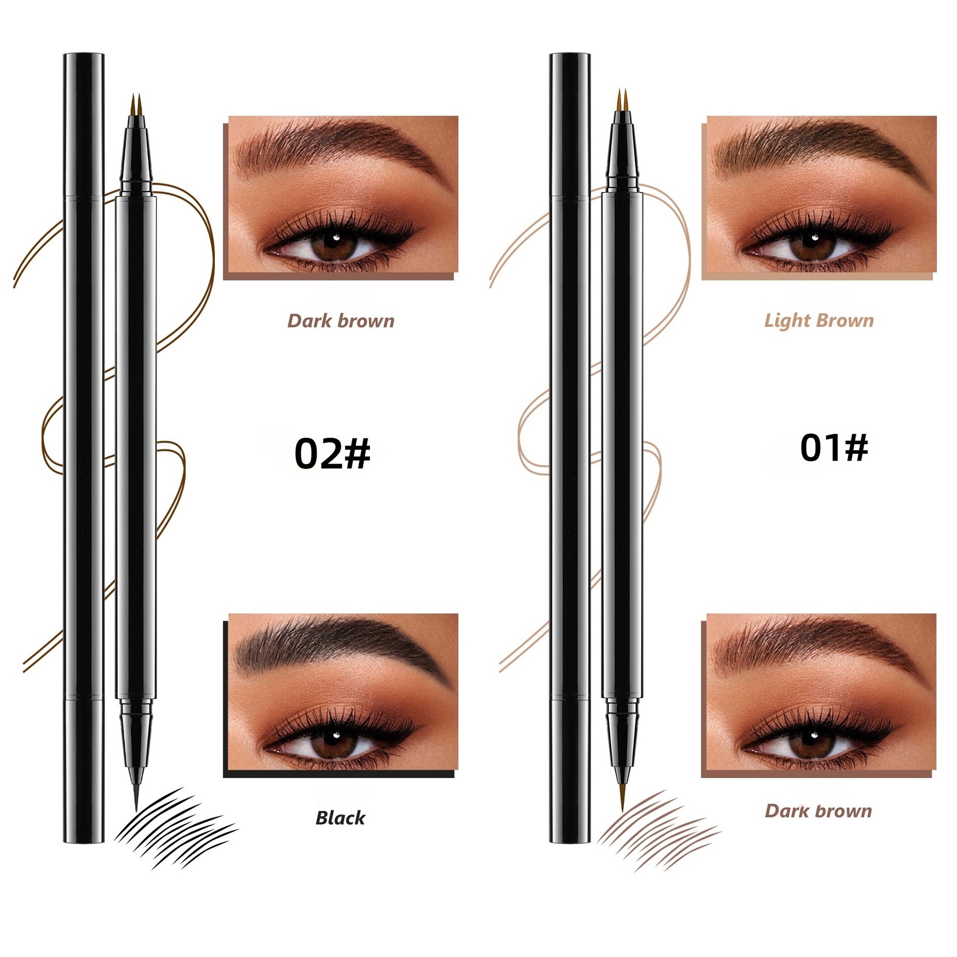 2 in 1 Double Ended Liquid Eyebrow Pen Private Label Custom Logo Hair Stroke Eyebrow Ink Pencil Black Dark Brown OEM Wholesale
