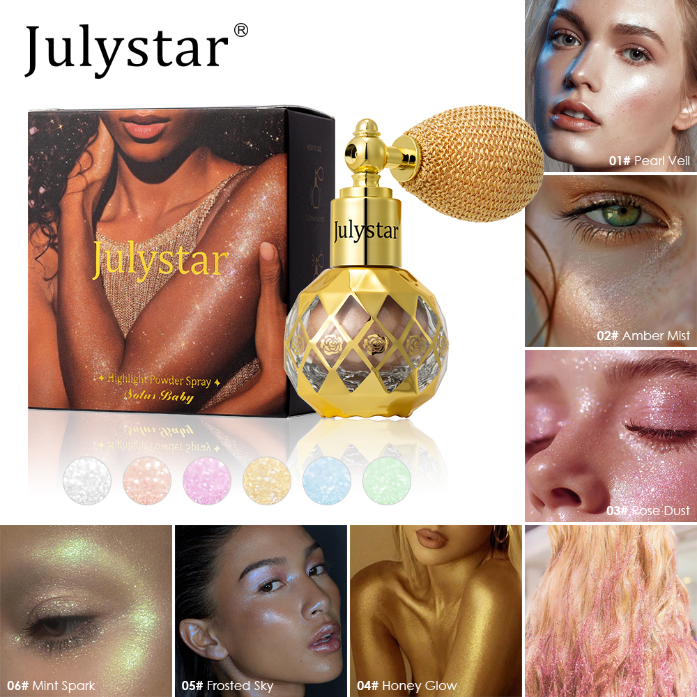 Julystar Beauty Mineral Pressed Glitter Highlighter Waterproof Fine Shimmer for Bridal Makeup Collarbone | 6 Sparkling Shades