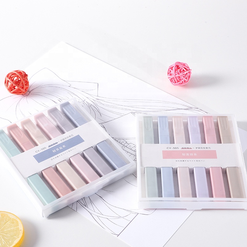 Custom Cheap Highlighter Rectangular Marker Low Moq Macaron 6 Colors Highlighter Pen Set