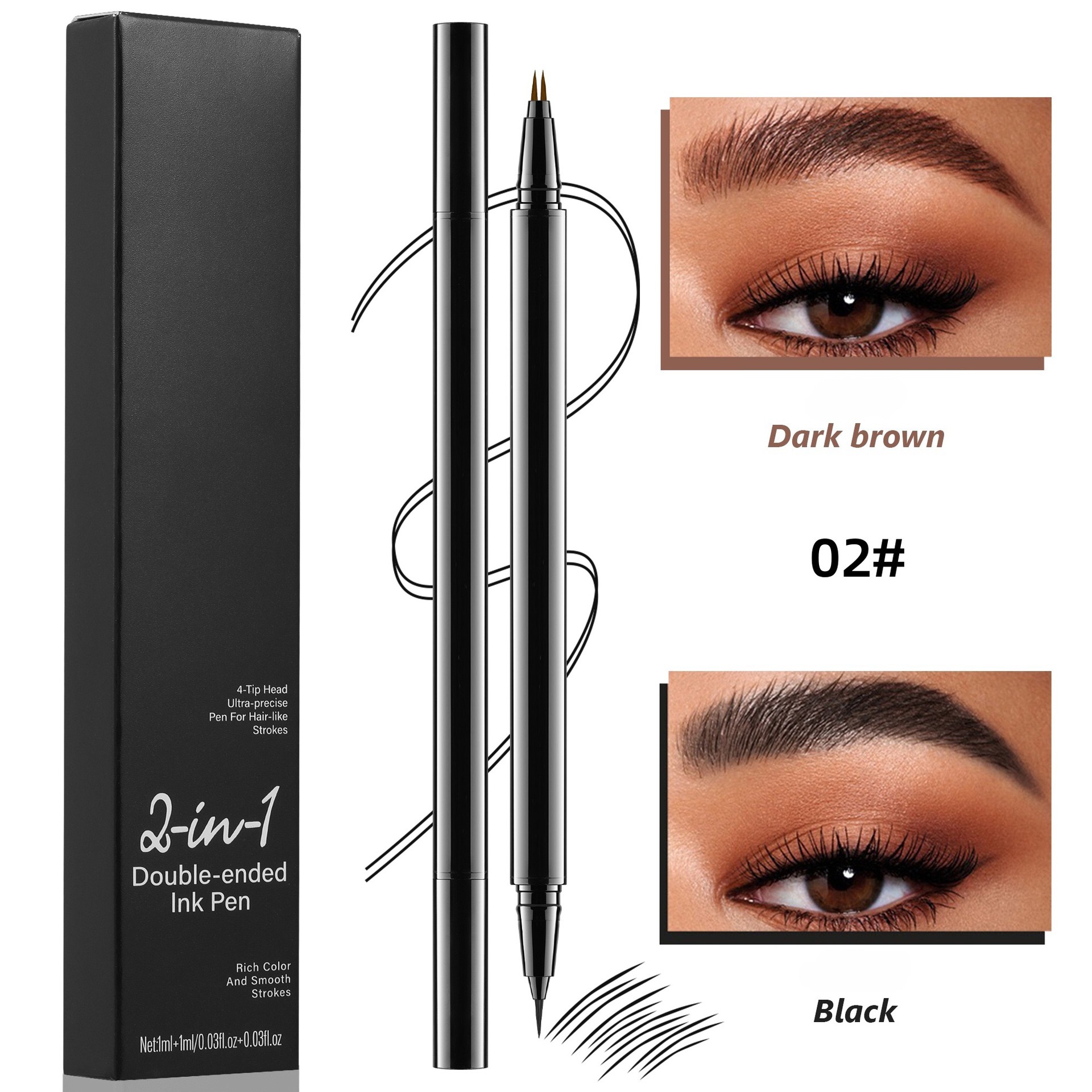2 in 1 Double Ended Liquid Eyebrow Pen Private Label Custom Logo Hair Stroke Eyebrow Ink Pencil Black Dark Brown OEM Wholesale