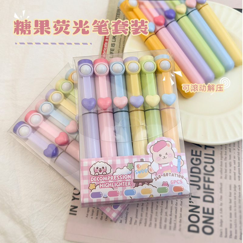 Creative Decompression Rolling Highlighter Color Marker Pen Kawaii Stationery Highlighters Set