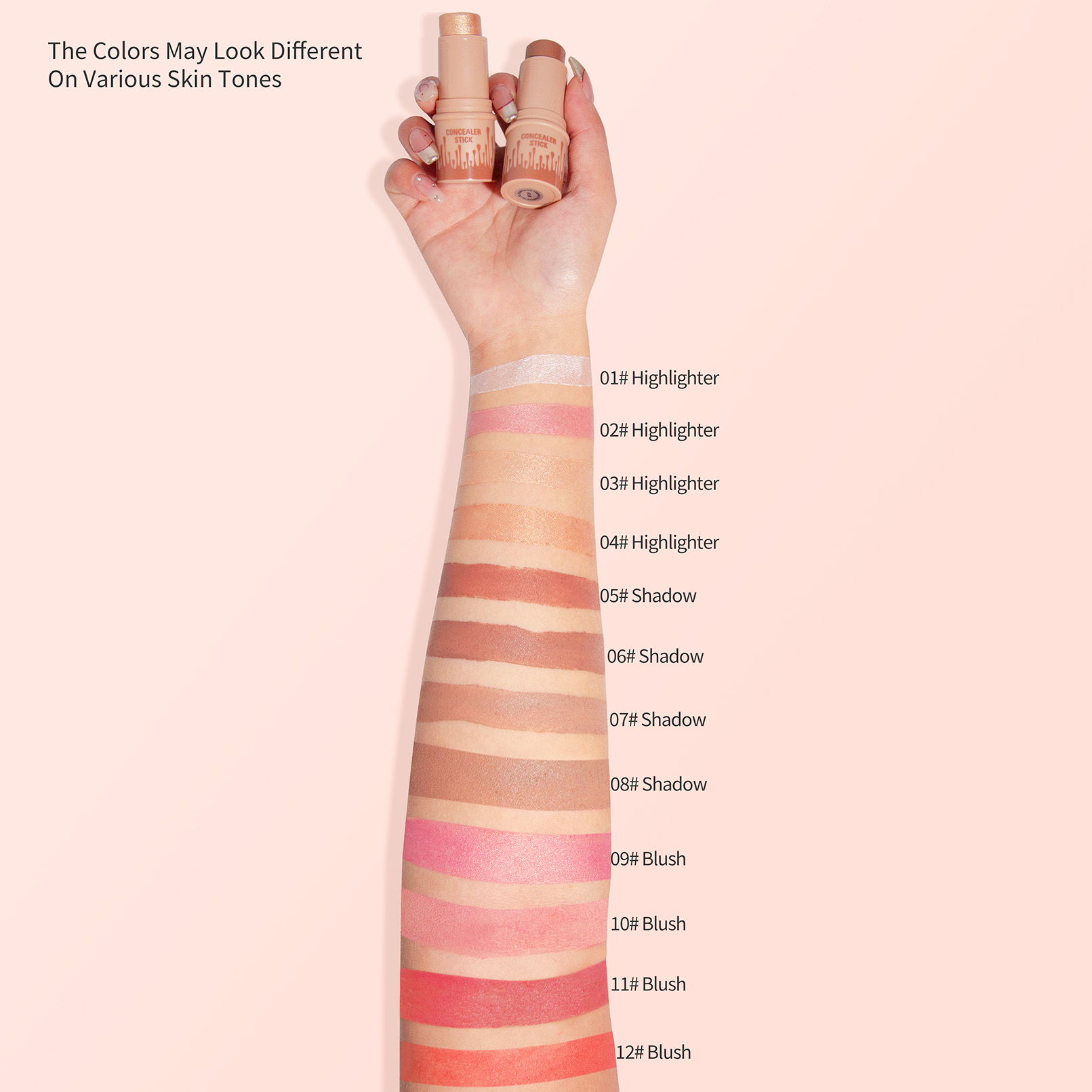 Private Label Customize Logo 12 Colors Highlighter&amp;Blush&amp;Contour Stick Shimmer Long-lasting Highlighter Stick