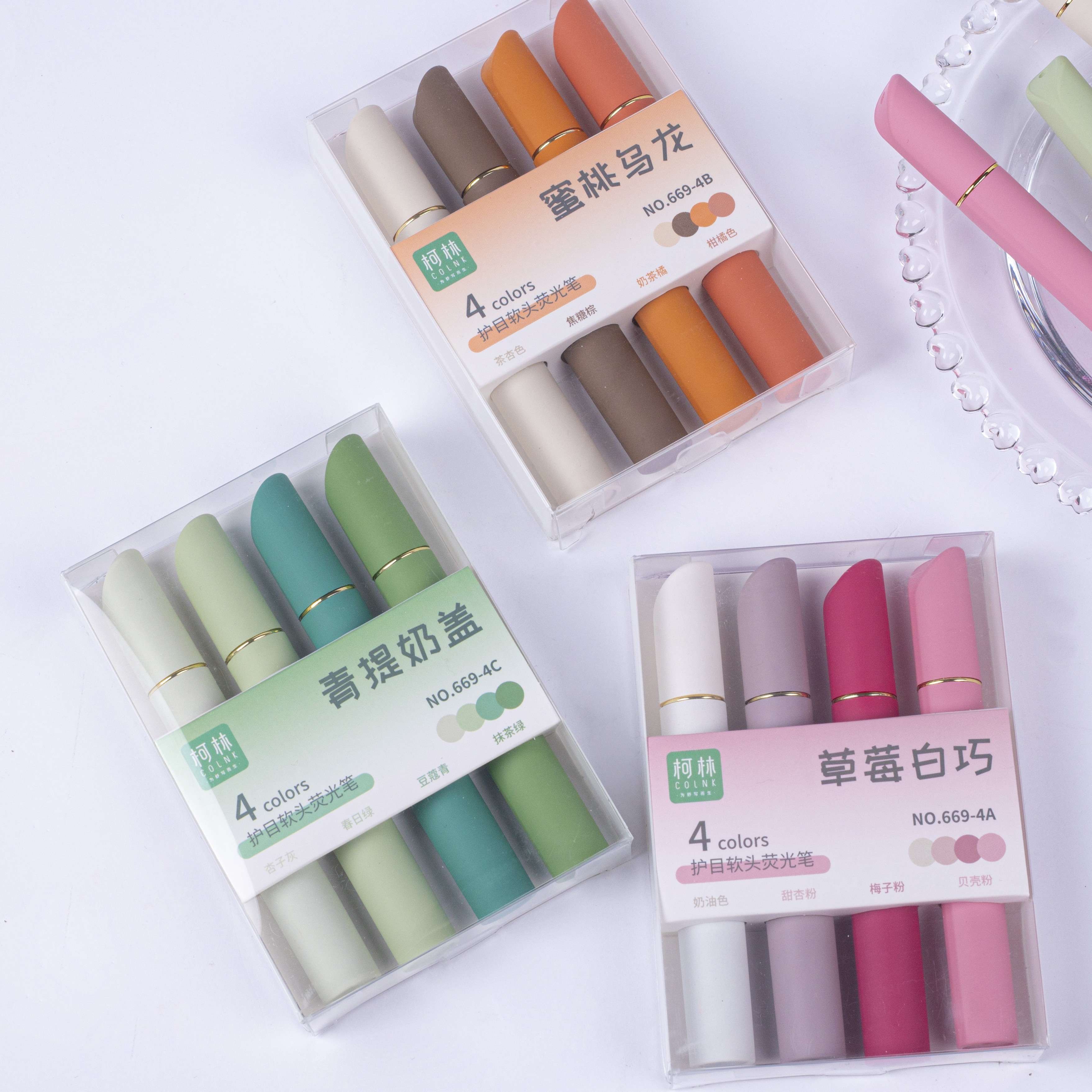 12 Colors Lipstick Design Fluorescent Pen Set Luxury Highlighter Marker for Planner Writing Student Stationery Gift 4pcs/box