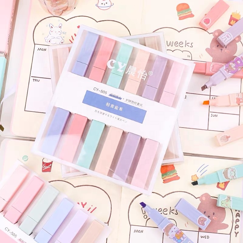 Custom Cheap Highlighter Rectangular Marker Low Moq Macaron 6 Colors Highlighter Pen Set