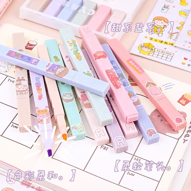 Custom Cheap Highlighter Rectangular Marker Low Moq Macaron 6 Colors Highlighter Pen Set