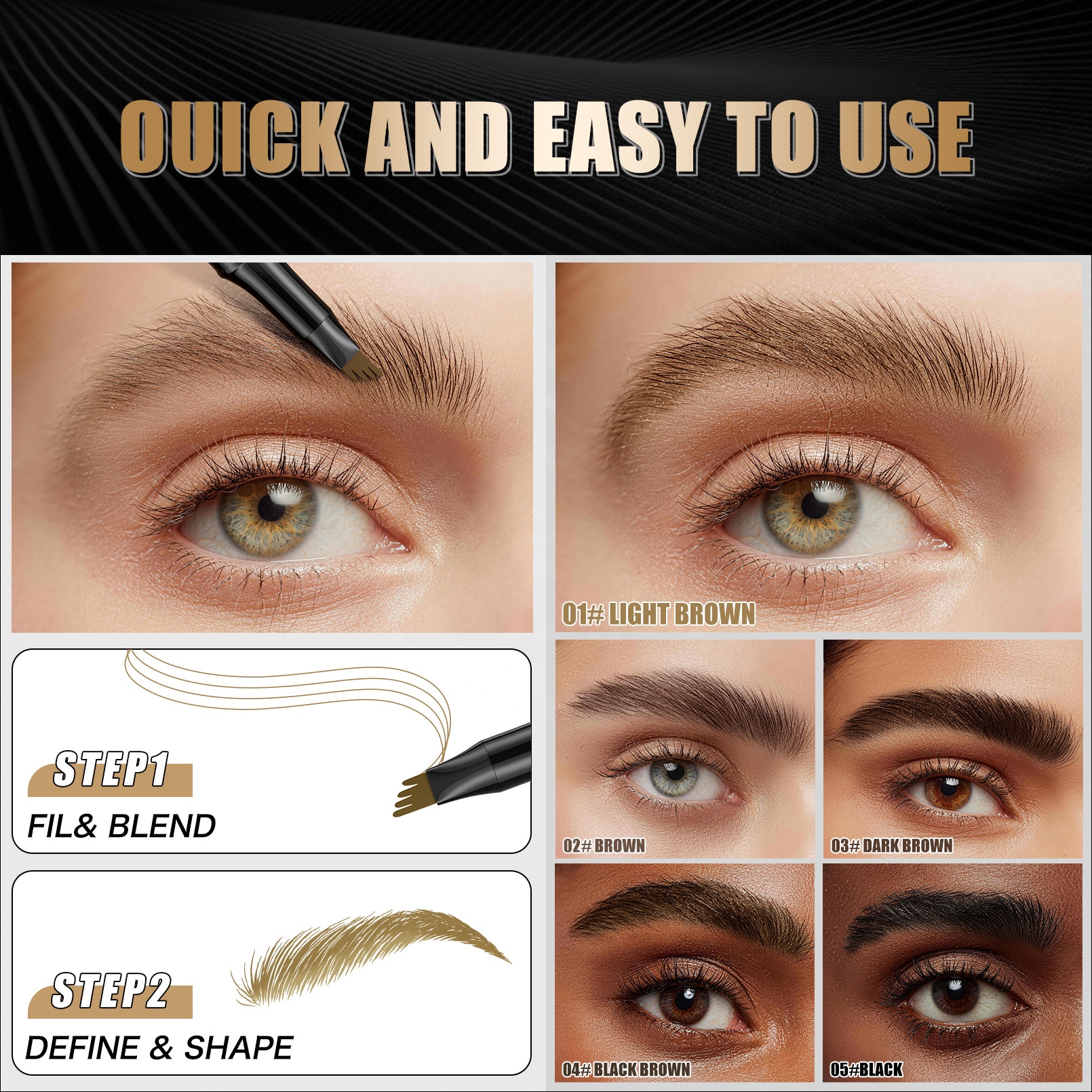 QIC Black Gold Liquid Eyebrow Pencil Creates Natural Defined Wild Brows Long-Lasting Quick-Drying Sweat-Resistant 1ml