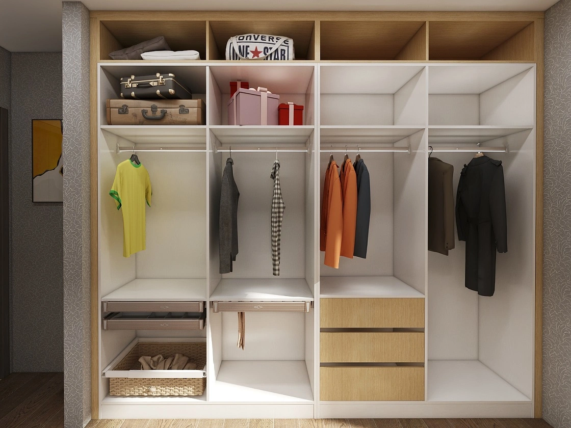 American Designs Bedroom Furniture Wardrobe Modern Style Melamine Board Aluminum Pole System Walk in Closet