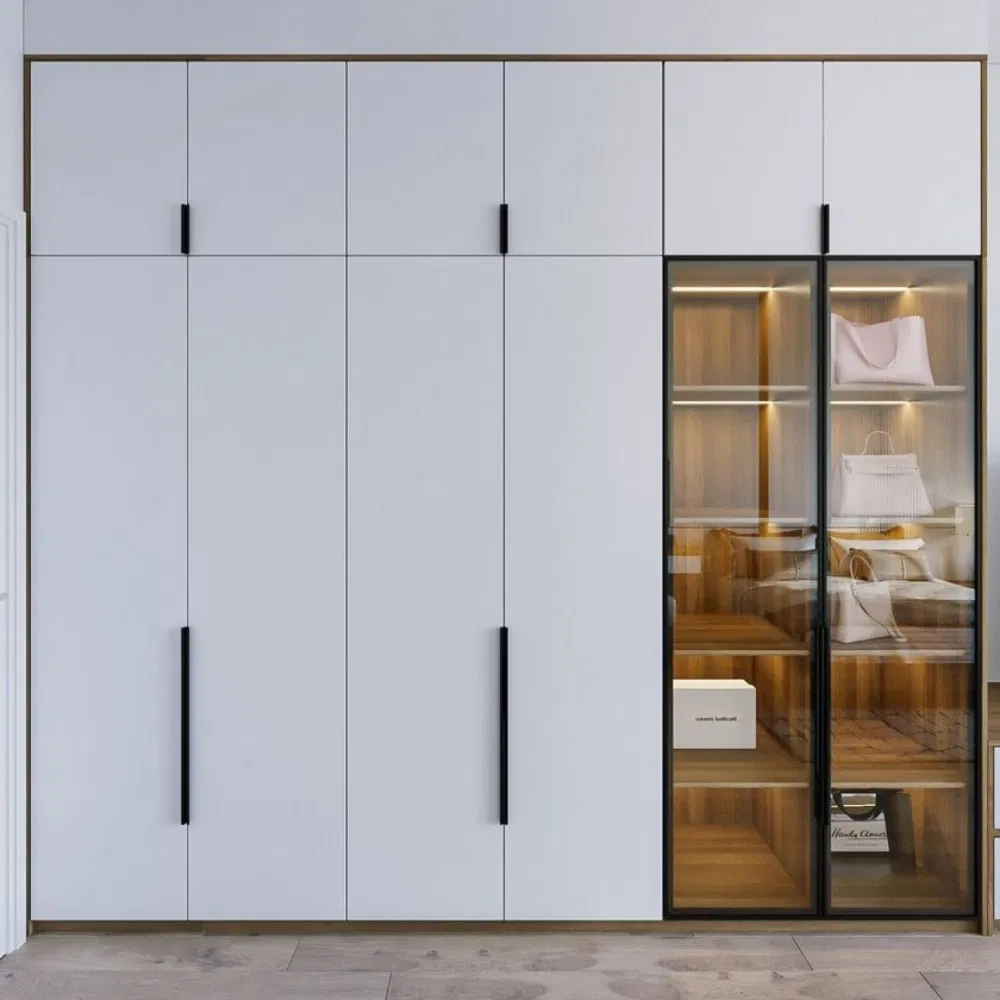 Custom Modern L-Shaped Corner Wardrobe with Open Shelves and Soft-Close Hinged Doors for Bedroom Storage