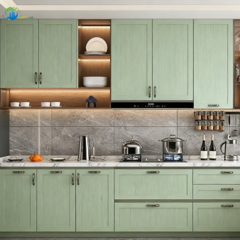 L-Shaped Light Green Kitchen Cabinets with Dishwasher