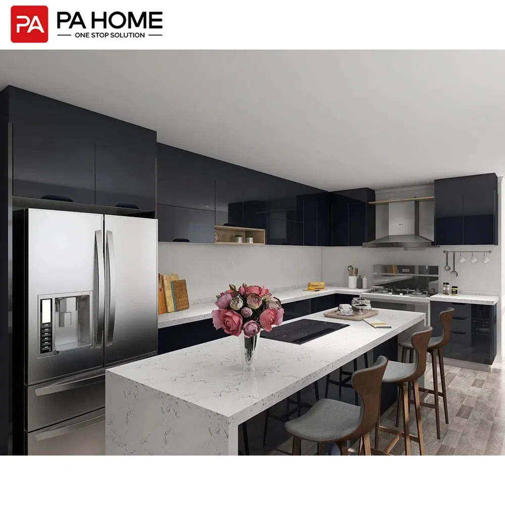 Quality Furniture Custom Two L-Shaped Design High Gloss Black Lacquer Kitchen Cabinets