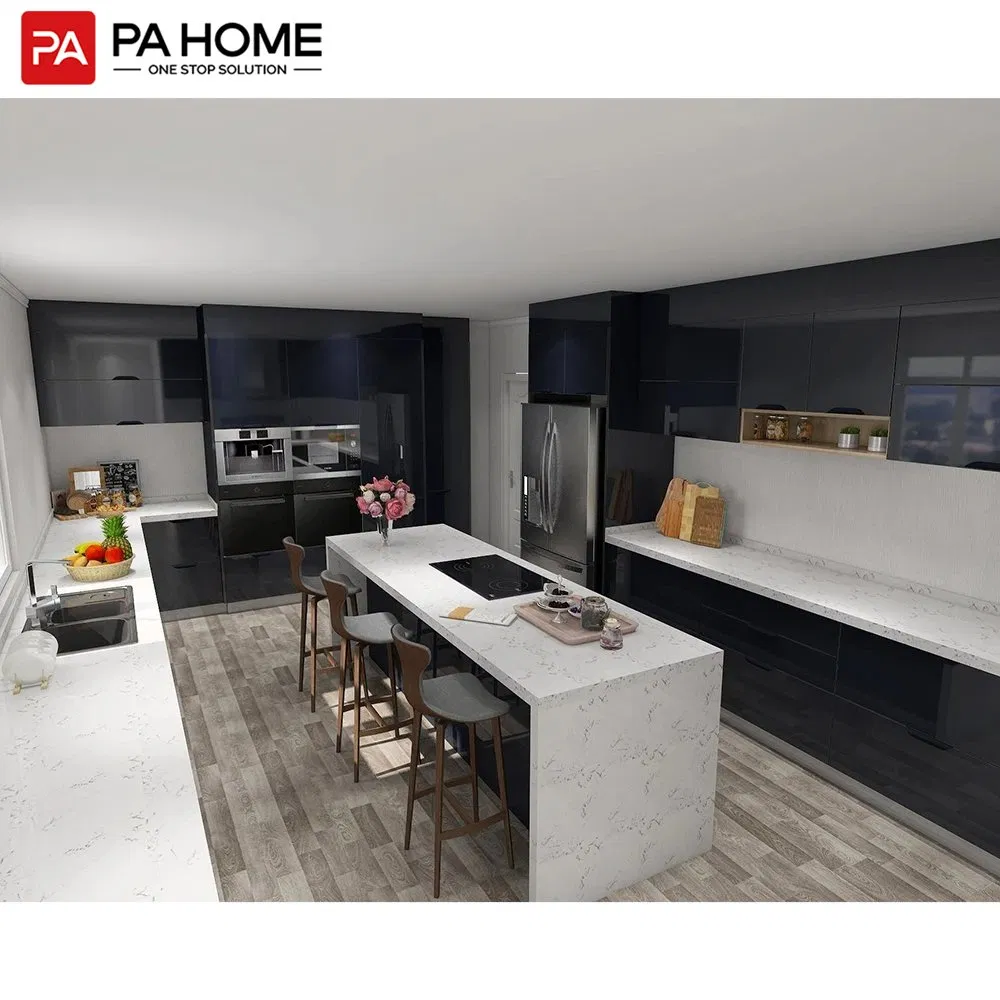 Quality Furniture Custom Two L-Shaped Design High Gloss Black Lacquer Kitchen Cabinets