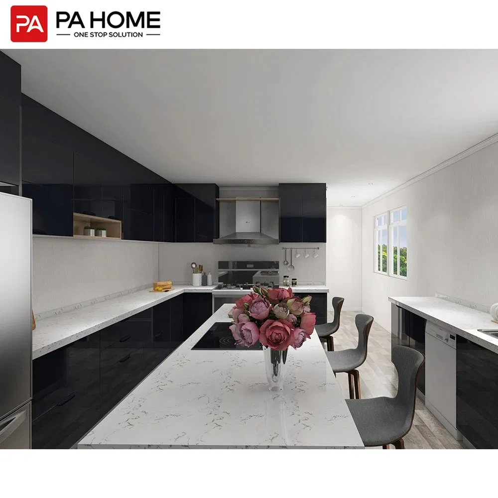 Quality Furniture Custom Two L-Shaped Design High Gloss Black Lacquer Kitchen Cabinets