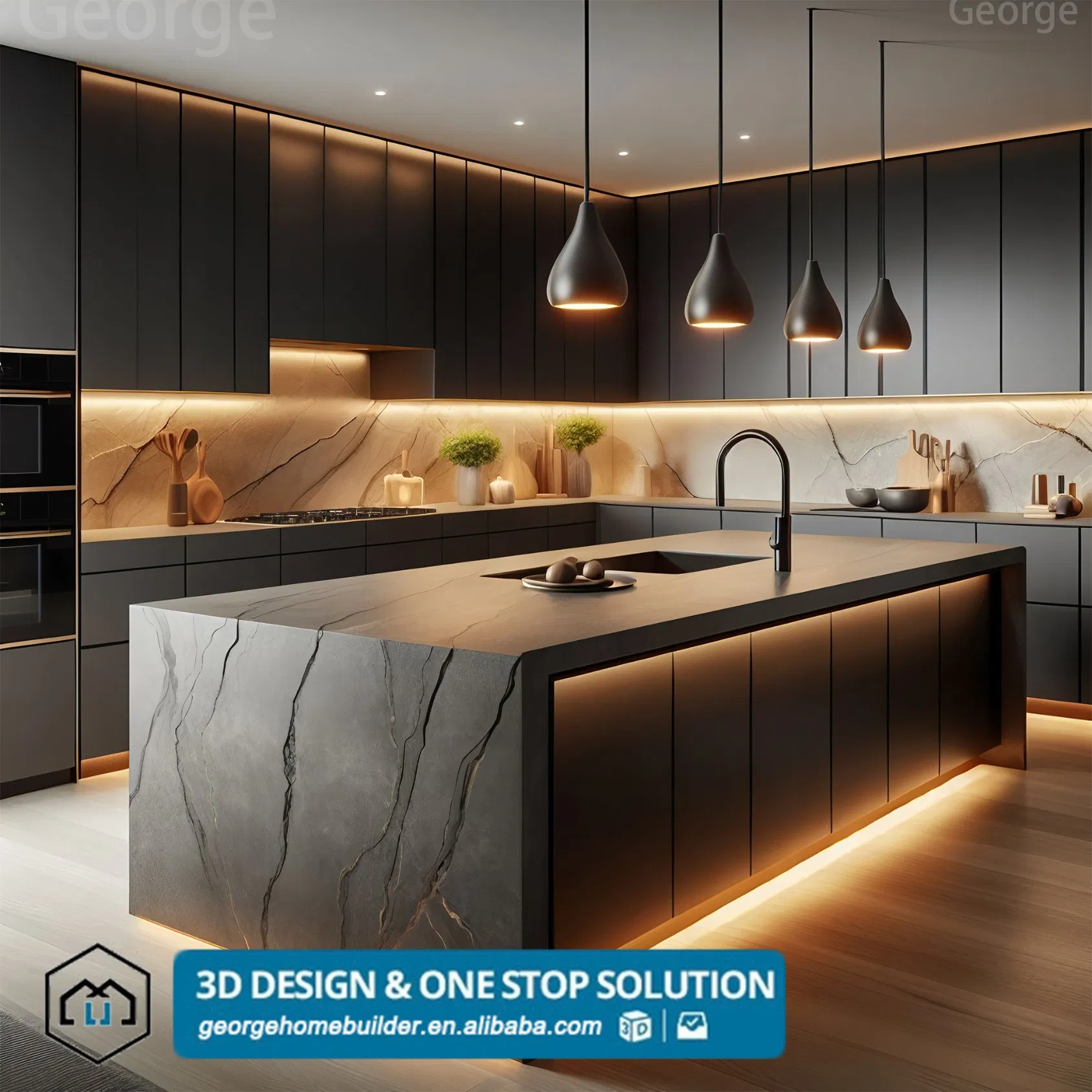 Modern Simple Matte Black Kitchen U-Shaped Kitchen Cabinets White Countertop Custom Design Decoration Whole Kitchen Furniture