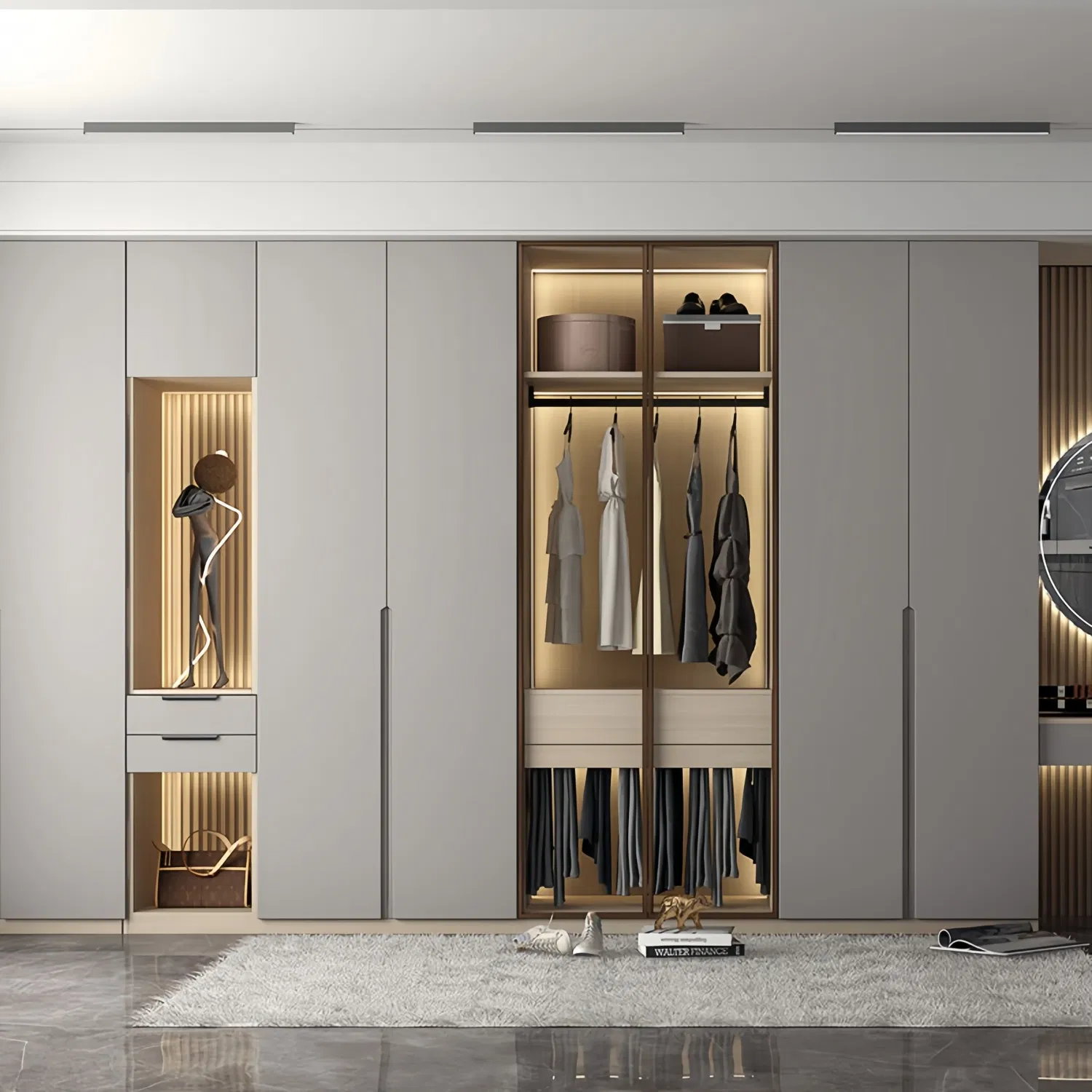 Custom Bedroom Multispace Storage Laminate Fold Hotel Room Plastic Wardrobe Armoire Closet with Mirror Class Hinged Door Wholesale Flat Pack Home Wooden