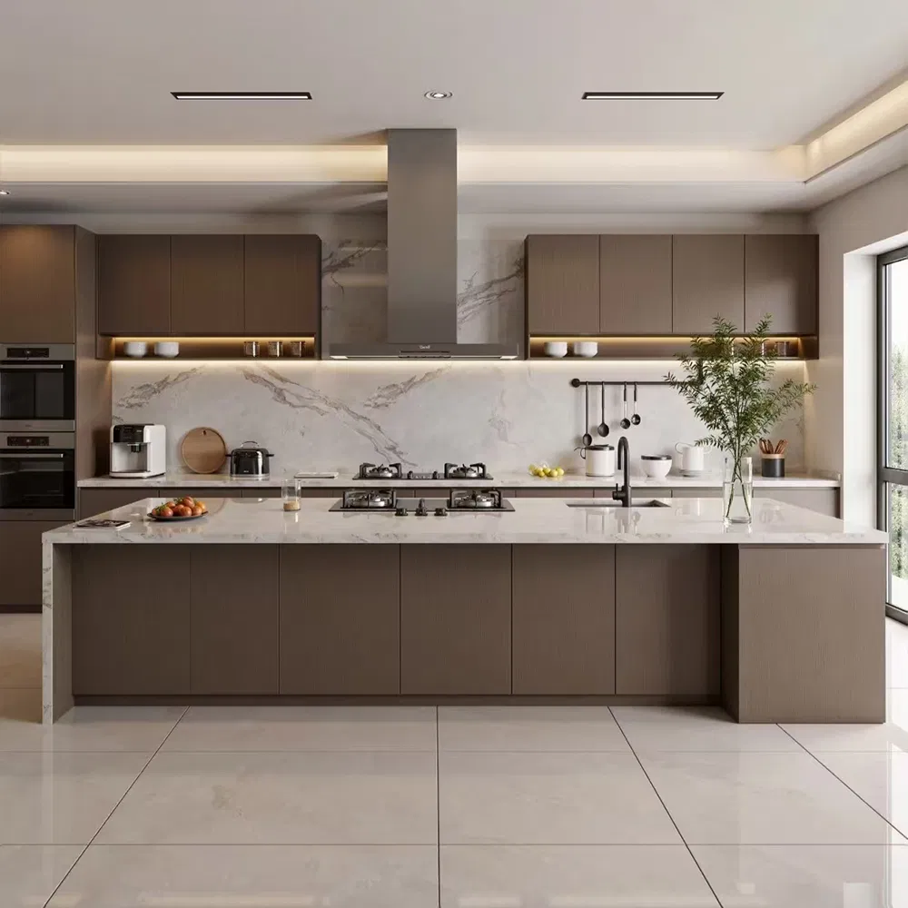 Modern Handleless MDF Kitchen Cabinets with Push-to-Open Feature
