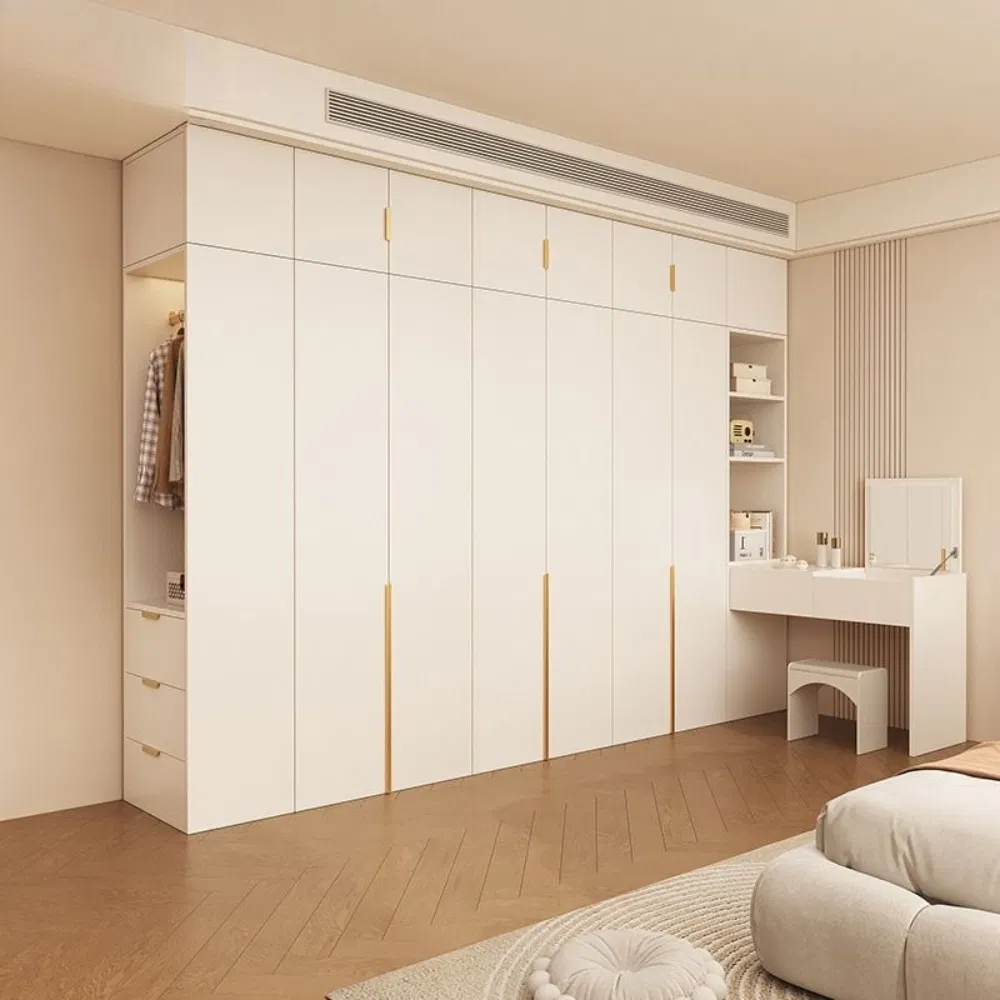 Custom Modern L-Shaped Corner Wardrobe with Open Shelves and Soft-Close Hinged Doors for Bedroom Storage
