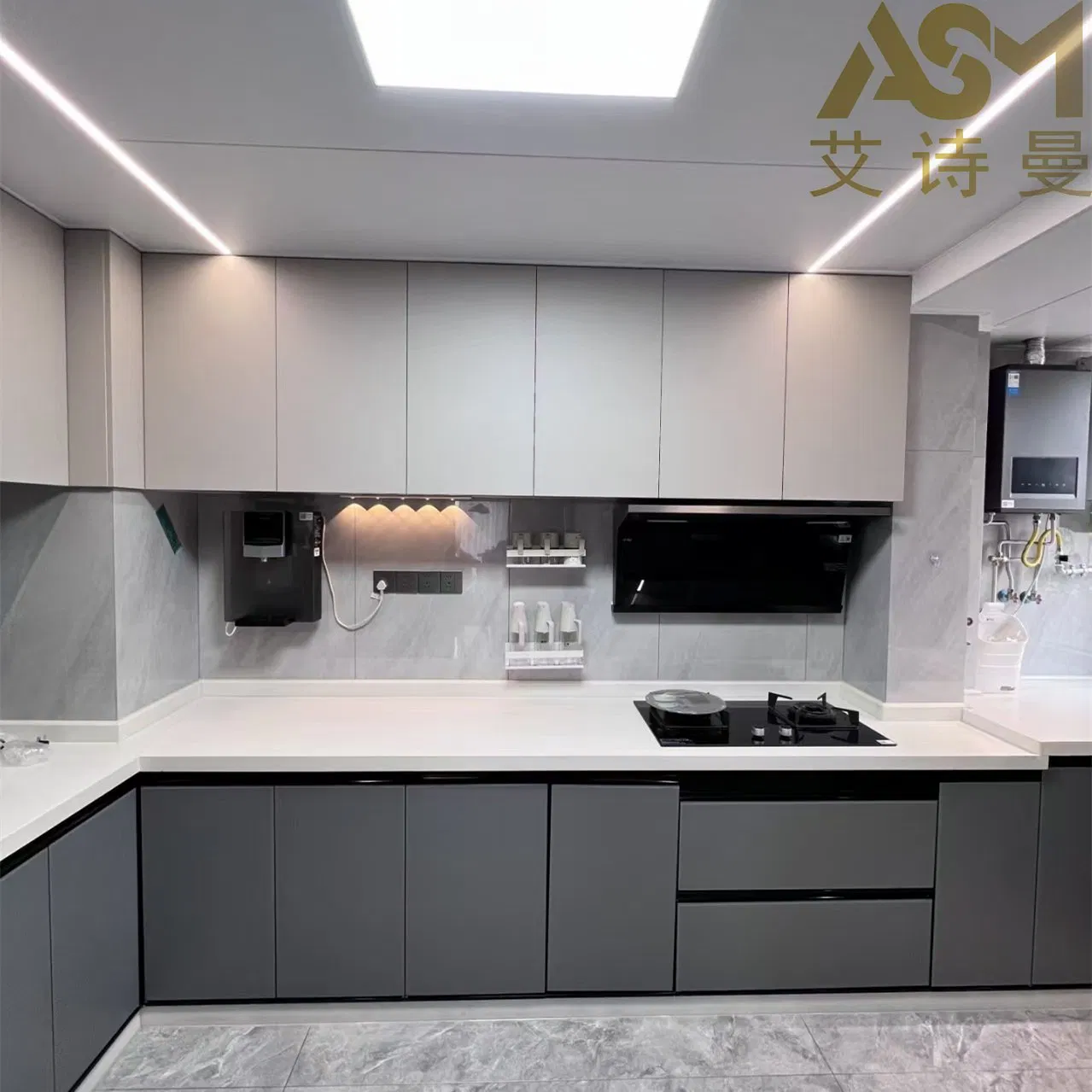 Asm Cream White L-Shaped Custom Set for Small Kitchens, E0-Grade Moisture-Resistant Panels, Includes Quartz Countertop Outdoor Flat Pack Design Kitchen Cabinet