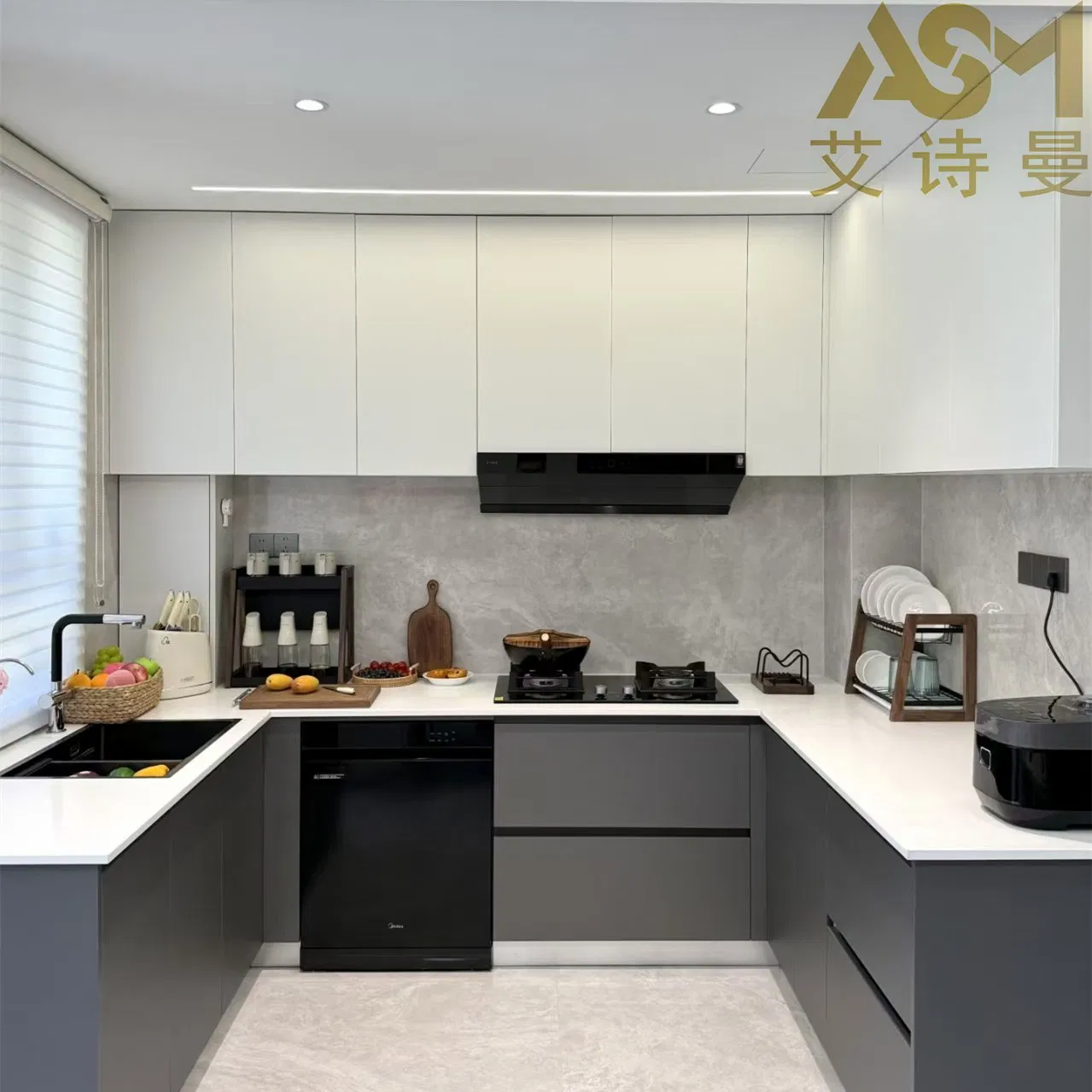 Asm Cream White L-Shaped Custom Set for Small Kitchens, E0-Grade Moisture-Resistant Panels, Includes Quartz Countertop Outdoor Flat Pack Design Kitchen Cabinet