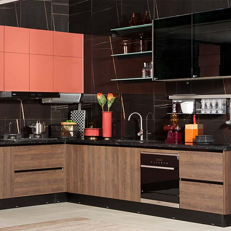Contemporary L-Shaped Kitchen Cabinets with Durable PVC Finish