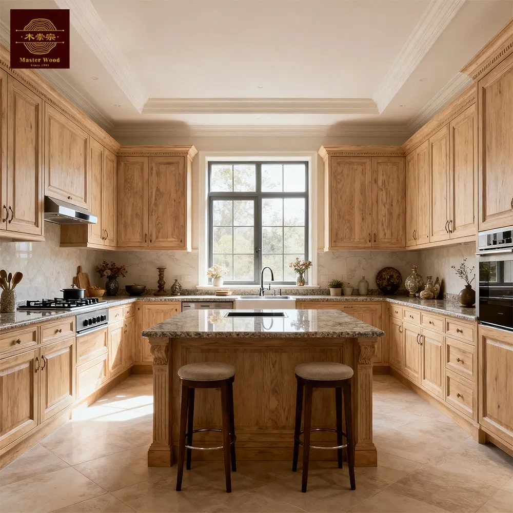 Custom U-Shaped Solid Wood Kitchen Cabinet Full Kitchen Furniture Set with Island Complete Whole House Renovation Supplier