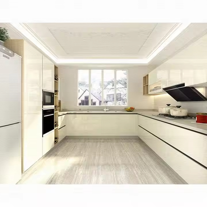 Modern Kitchen Cabinet Set U Shape High Gloss Painting Lacquer Pink Kitchen Cabinets for Sale