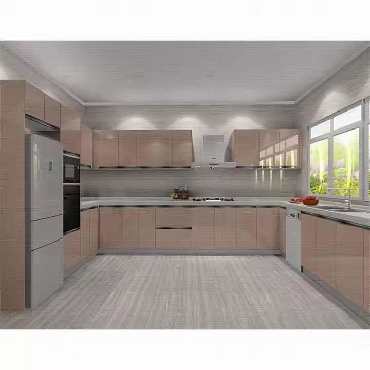 Modern Kitchen Cabinet Set U Shape High Gloss Painting Lacquer Pink Kitchen Cabinets for Sale