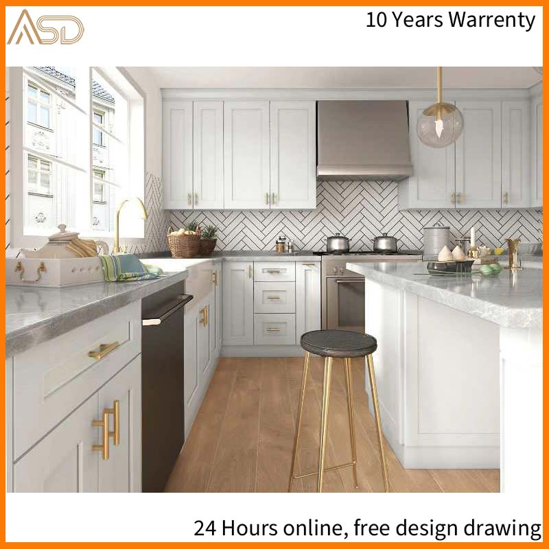 OEM Design Durable Membrane Wood Kitchen Island Modern Style White Shaker Kitchen Cabinet