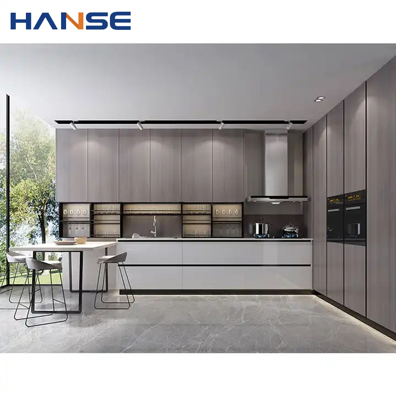 Handleless Gray Simple Island Kitchen Cabinets High Glossy Melamine MDF Chipboard Kitchen Cabinet