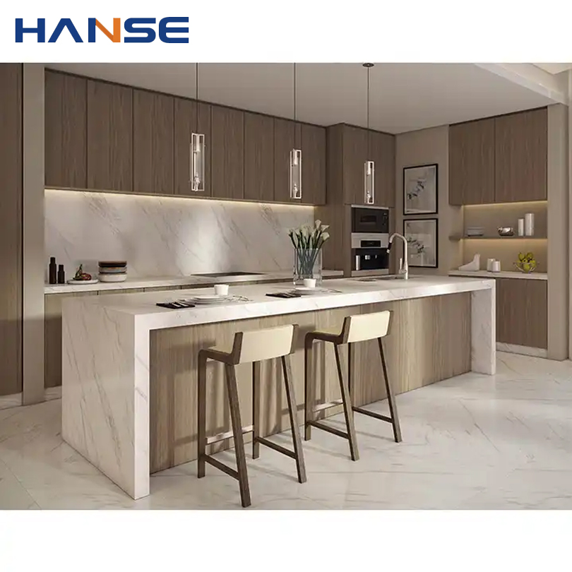 Handleless Gray Simple Island Kitchen Cabinets High Glossy Melamine MDF Chipboard Kitchen Cabinet