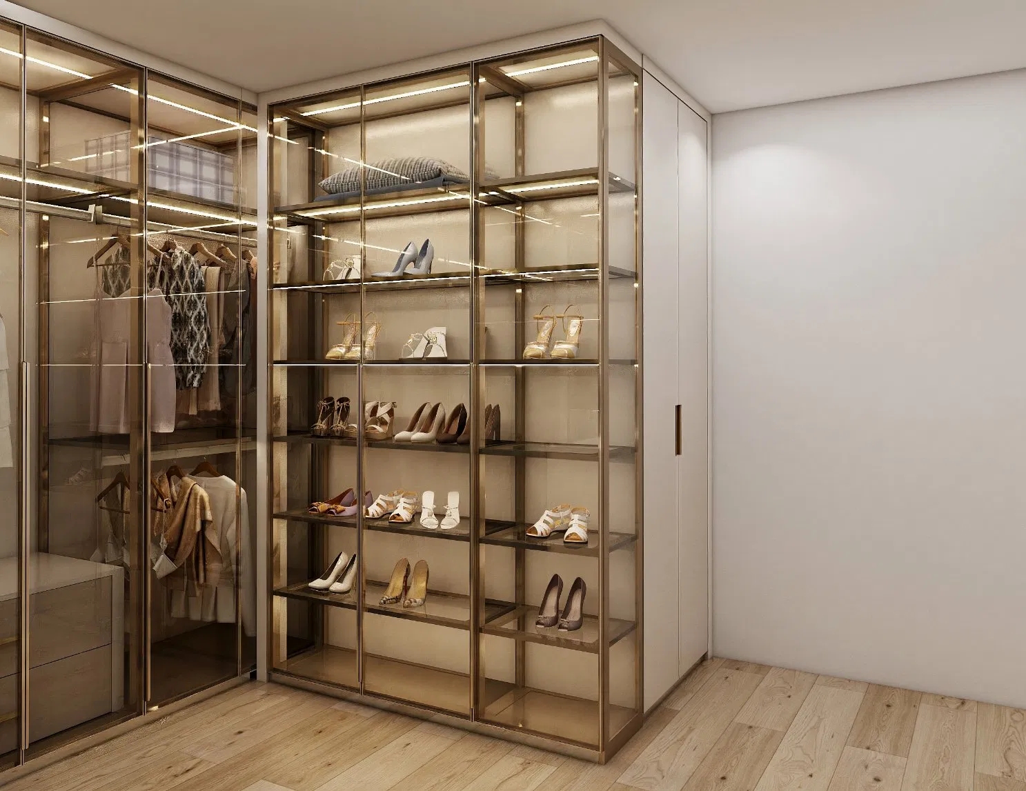 Modern Bedroom Furniture L Shape Locker Luxury Aluminum Frame Glass Door Large Hinged Wardrobe